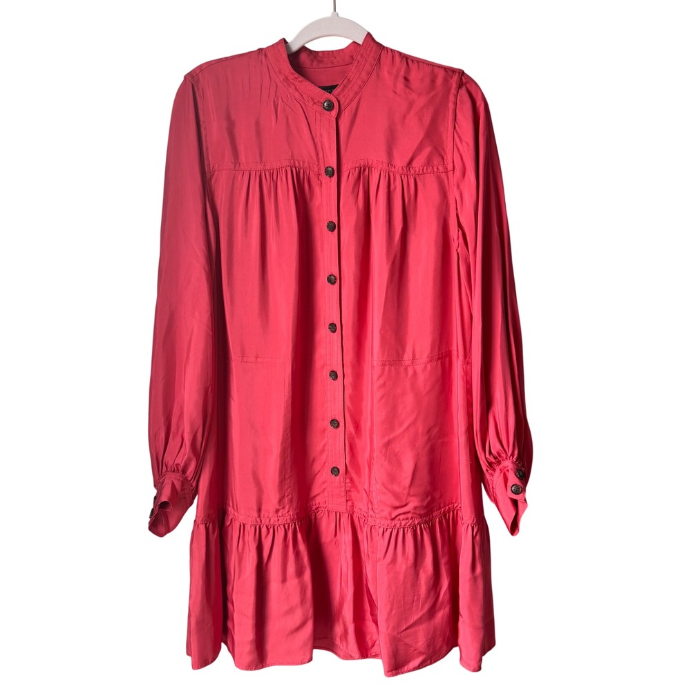 Banana Republic Flounce Dress Rose Pink Button Down Long Sleeve Pockets SZ Small